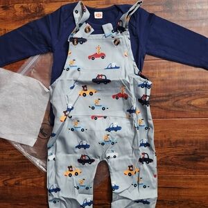 Kids Blue and Gray Overalls with Car Print